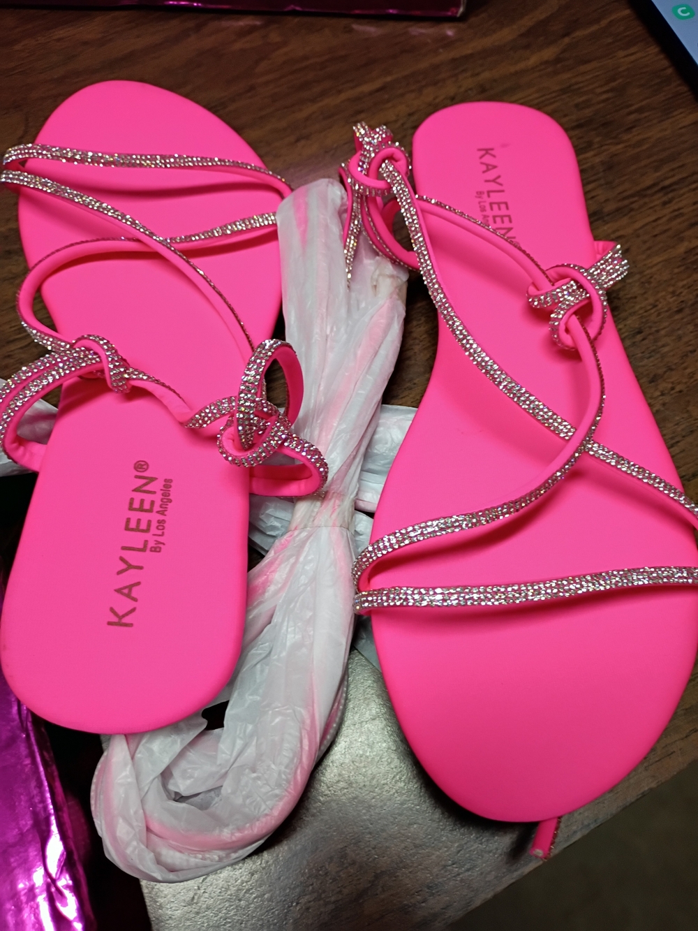 KAYLEEN By Los Angeles Neon Pink Rhinestone Lace-Up Flat Sandals